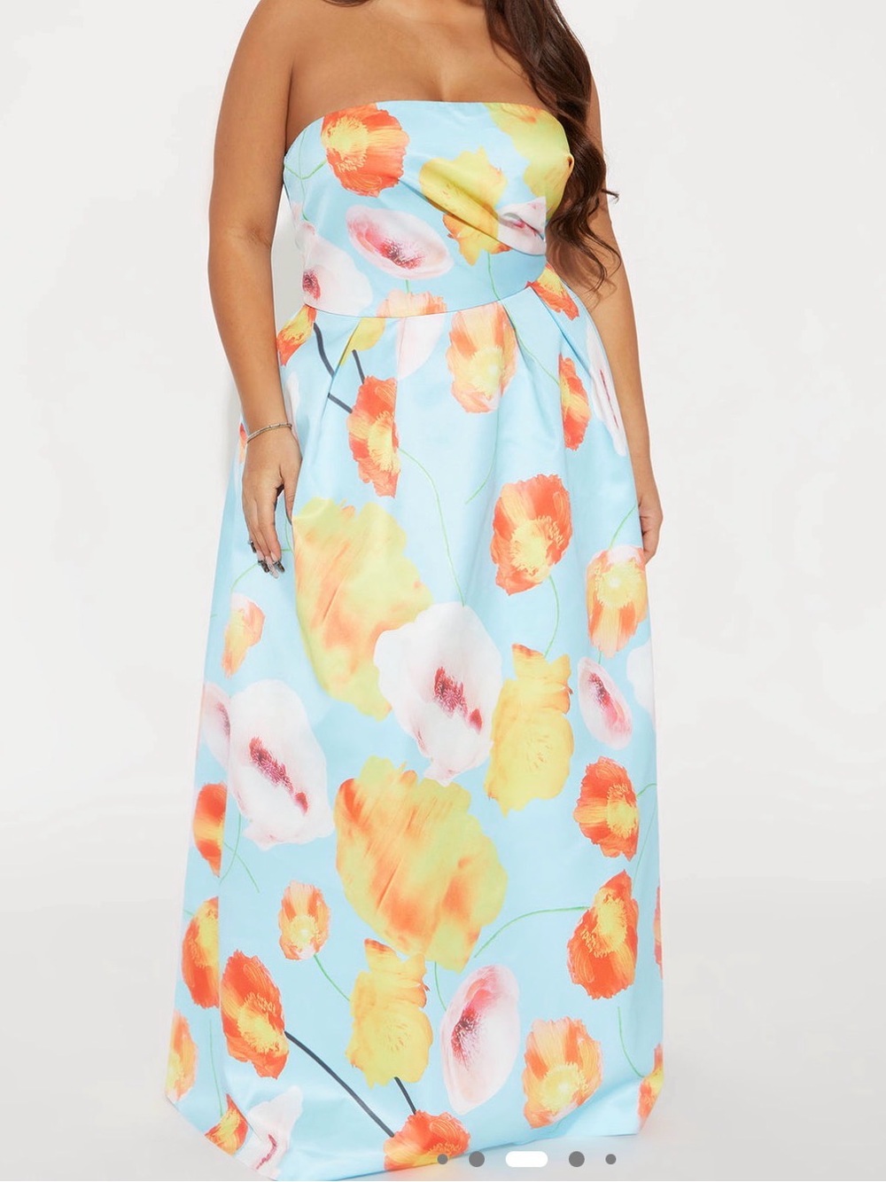 Plus Size Strapless Floral Print Maxi Dress - Light Blue & Orange